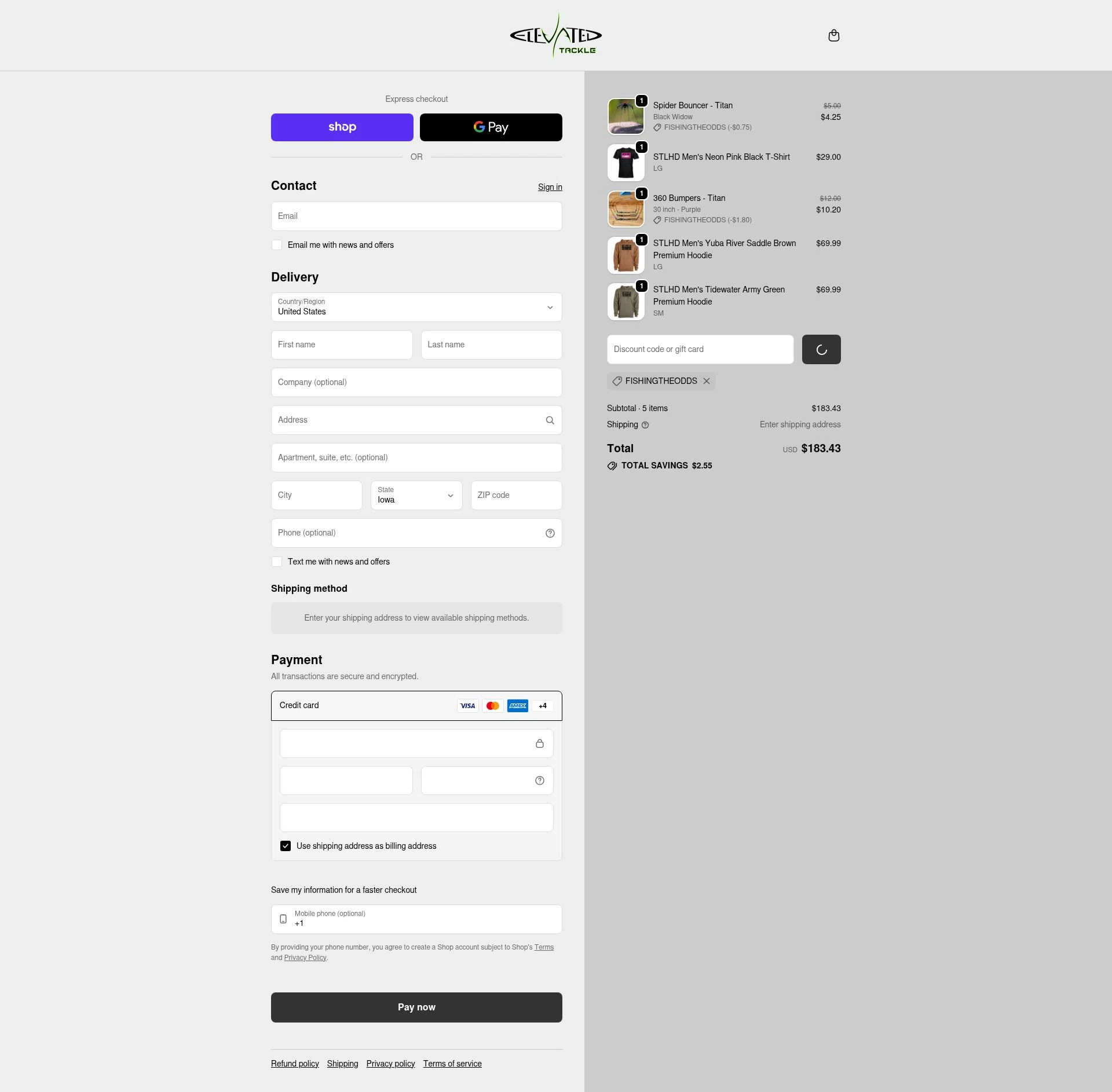 Elevated Tackle checkout page showing Elevated Tackle promo code box | Screenshot taken by SimplyCodes community member on Feb 10, 2026
