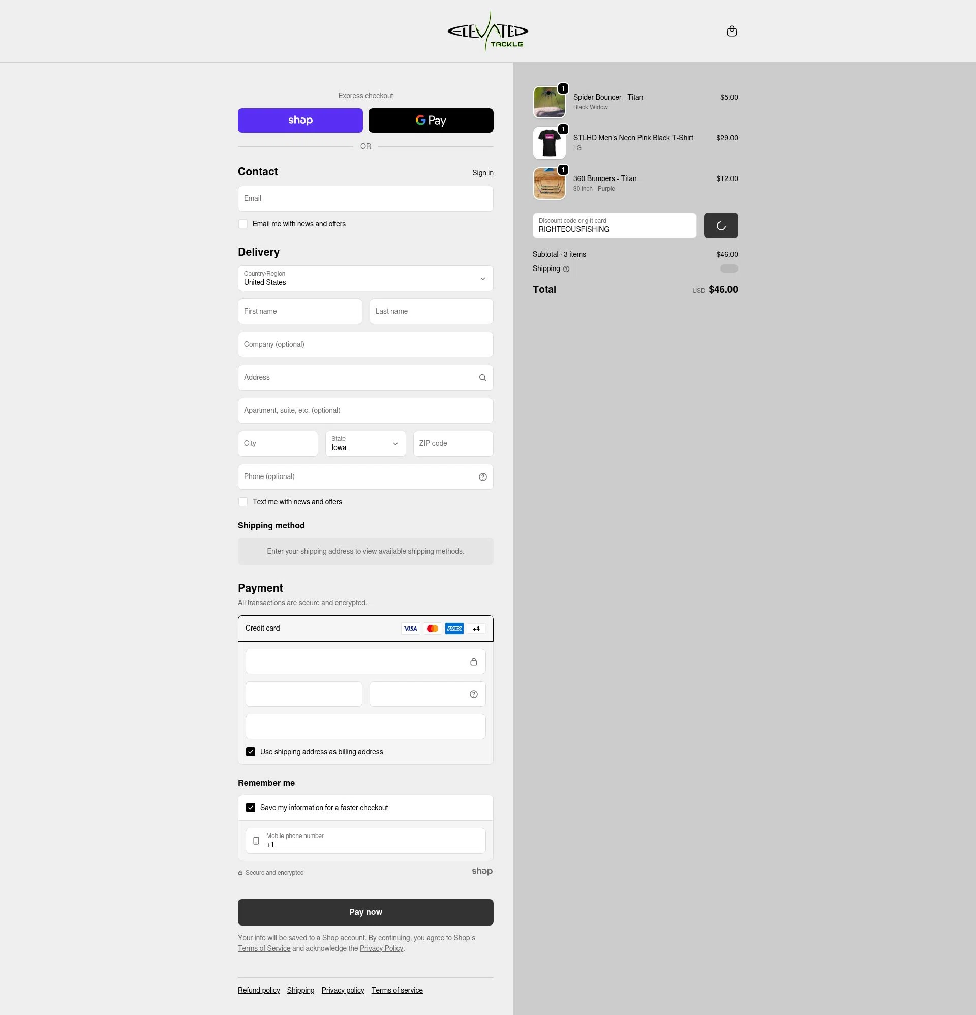 Elevated Tackle checkout page showing Elevated Tackle promo code box | Screenshot taken by SimplyCodes community member on Jan 28, 2026