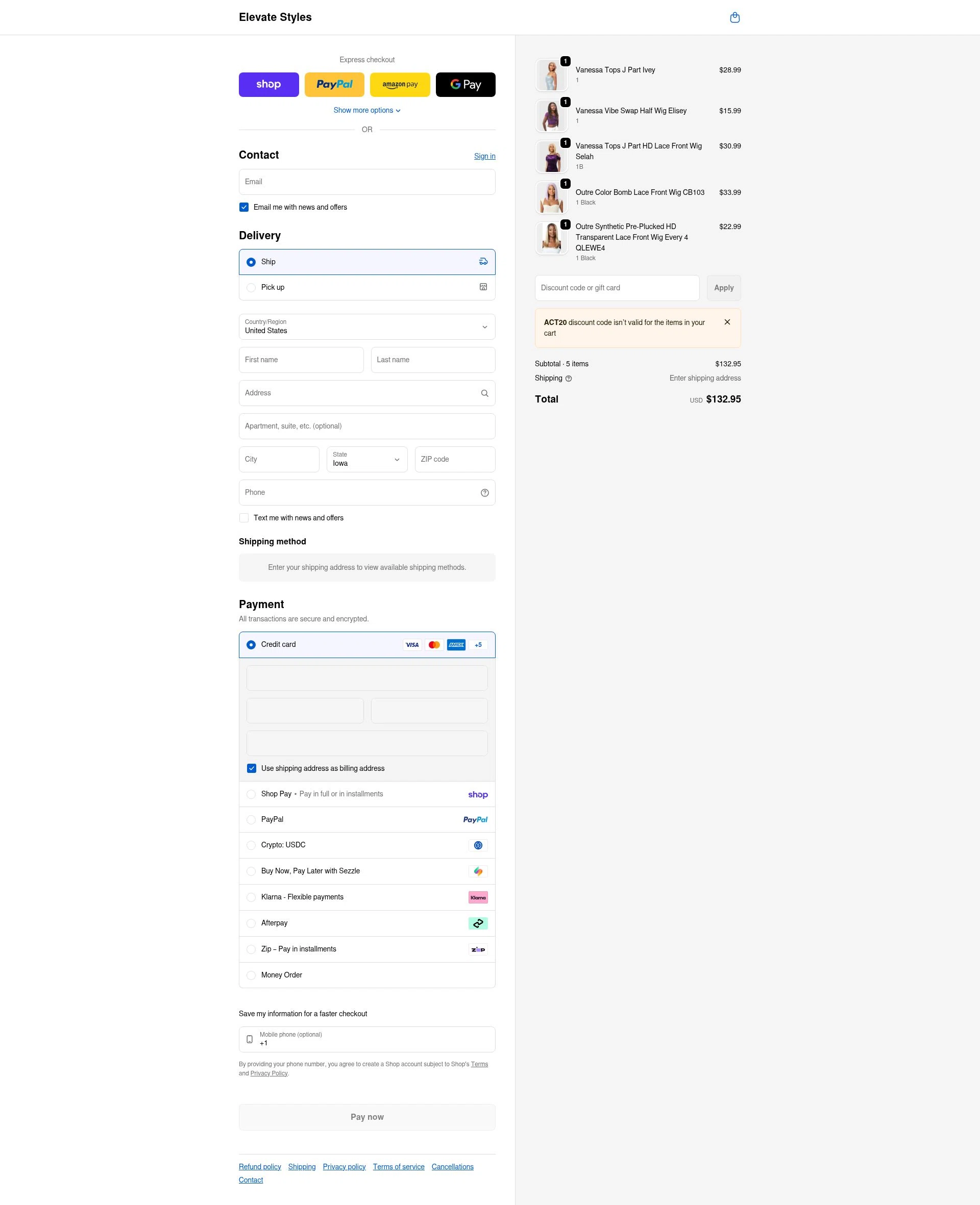 Elevate Styles checkout page showing Elevate Styles discount code box | Screenshot taken by SimplyCodes community member on Feb 6, 2026