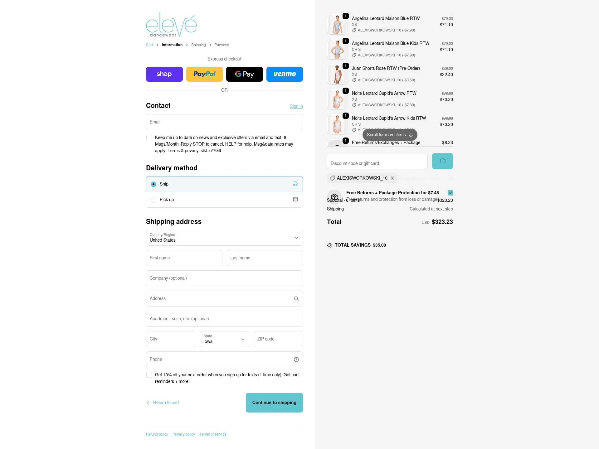 Eleve Dancewear checkout page showing Eleve Dancewear discount code box | Screenshot taken by SimplyCodes community member on Feb 13, 2026