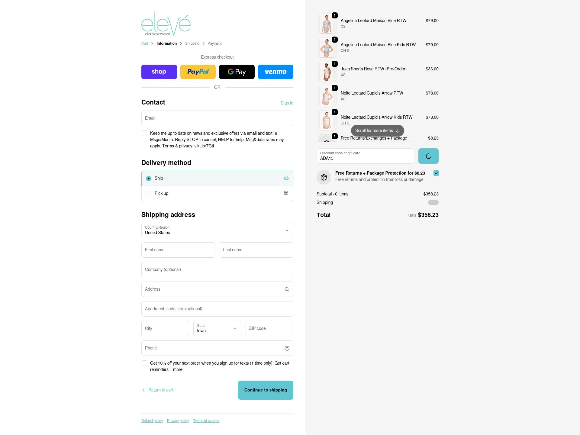 Eleve Dancewear checkout page showing Eleve Dancewear discount code box | Screenshot taken by SimplyCodes community member on Feb 13, 2026