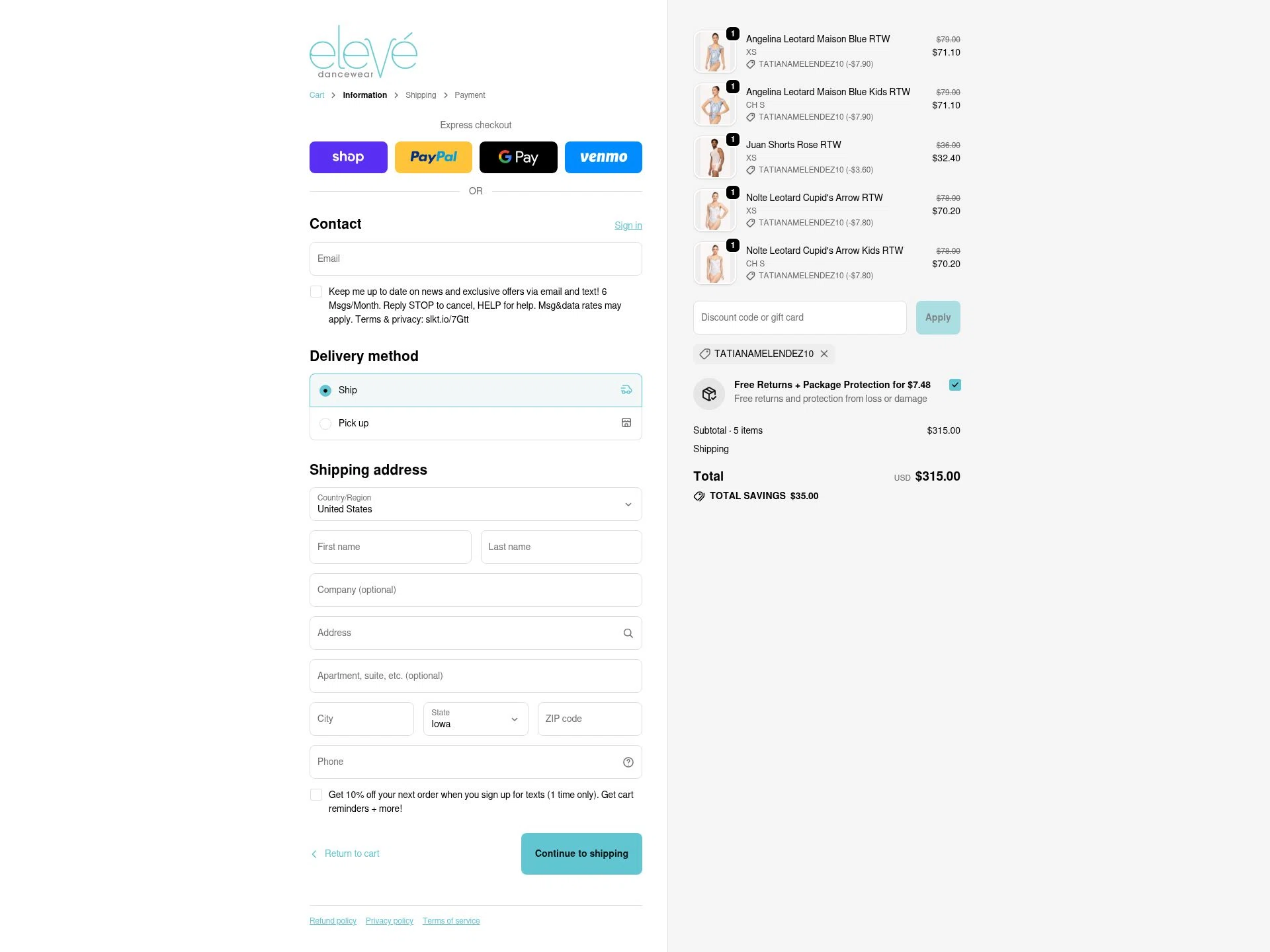 Eleve Dancewear checkout page showing Eleve Dancewear discount code box | Screenshot taken by SimplyCodes community member on Feb 17, 2026