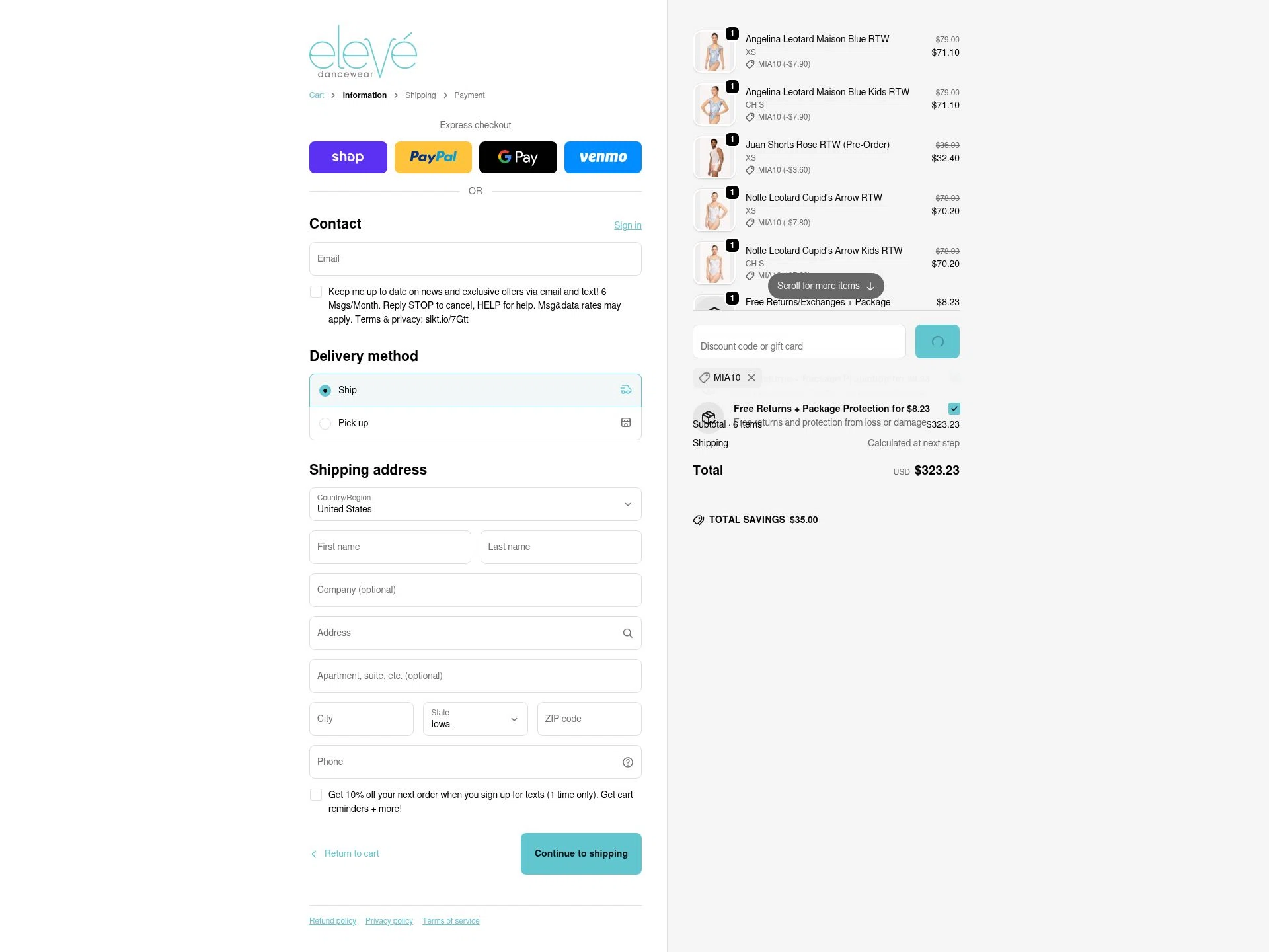 Eleve Dancewear checkout page showing Eleve Dancewear discount code box | Screenshot taken by SimplyCodes community member on Feb 13, 2026