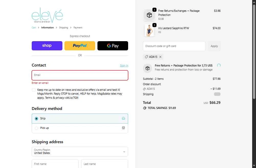 Eleve Dancewear checkout page showing Eleve Dancewear discount code box | Screenshot taken by SimplyCodes community member on Feb 13, 2026
