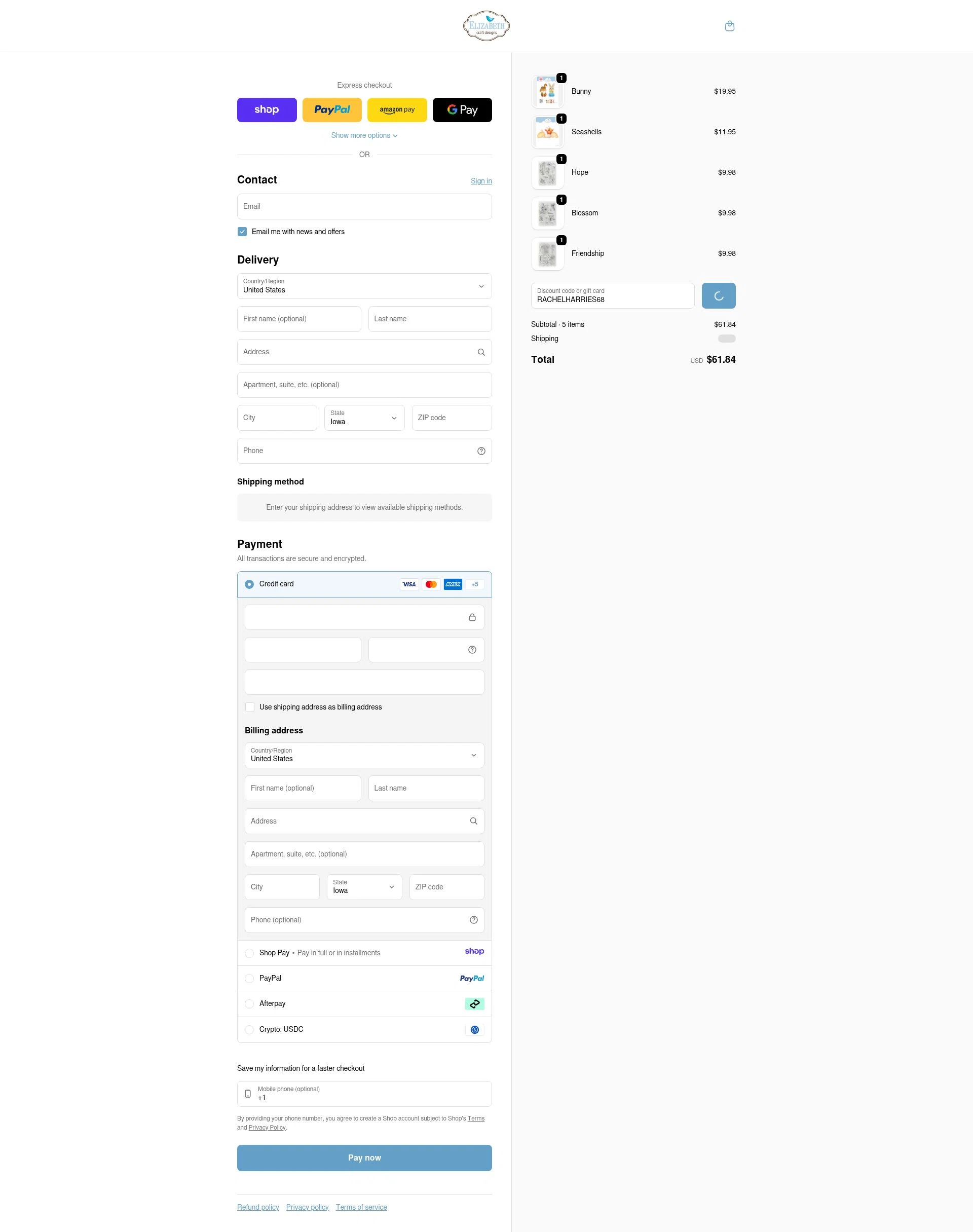 Elizabeth Craft Designs checkout page showing Elizabeth Craft Designs promo code box | Screenshot taken by SimplyCodes community member on Jan 8, 2026