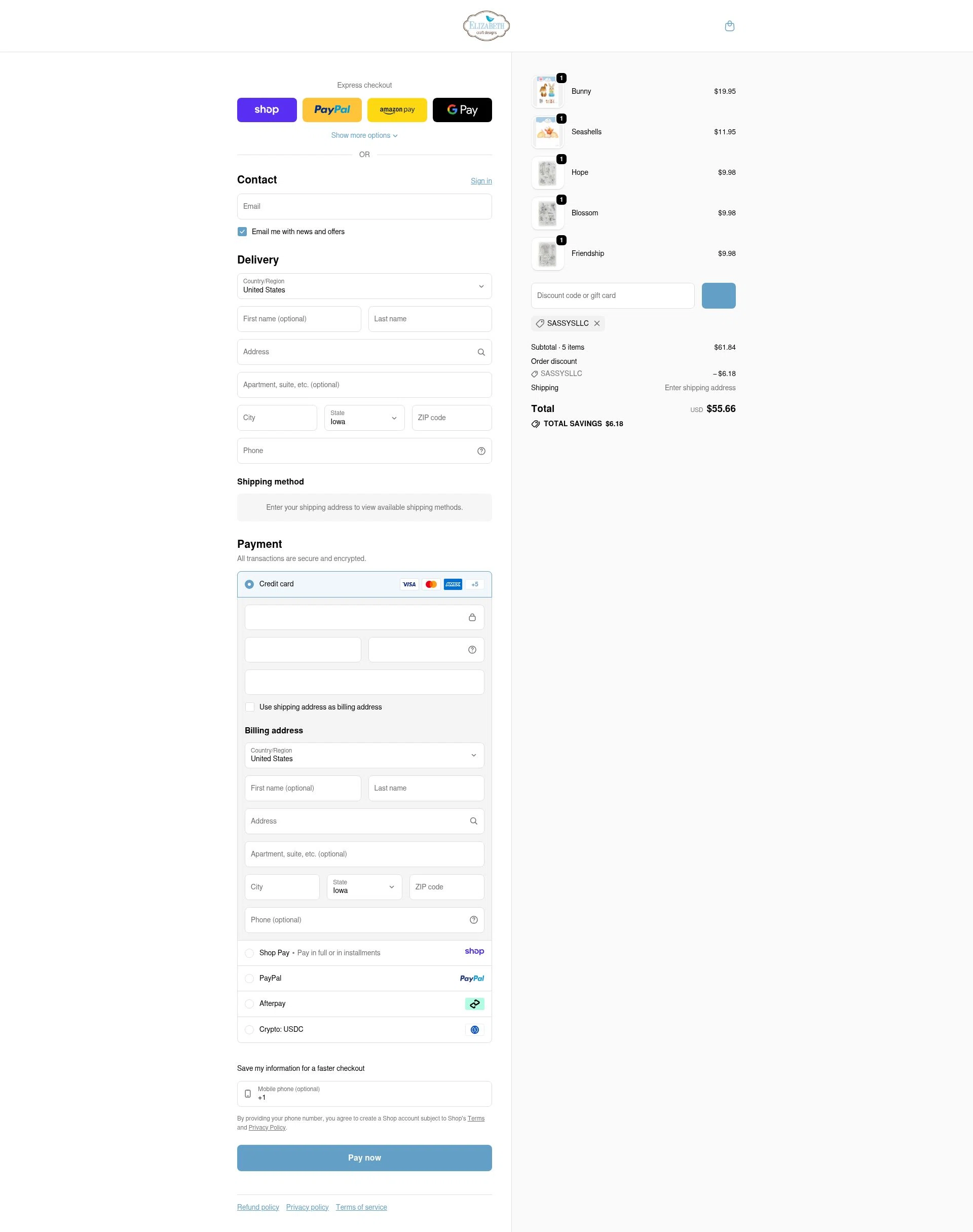 Elizabeth Craft Designs checkout page showing Elizabeth Craft Designs promo code box | Screenshot taken by SimplyCodes community member on Jan 8, 2026