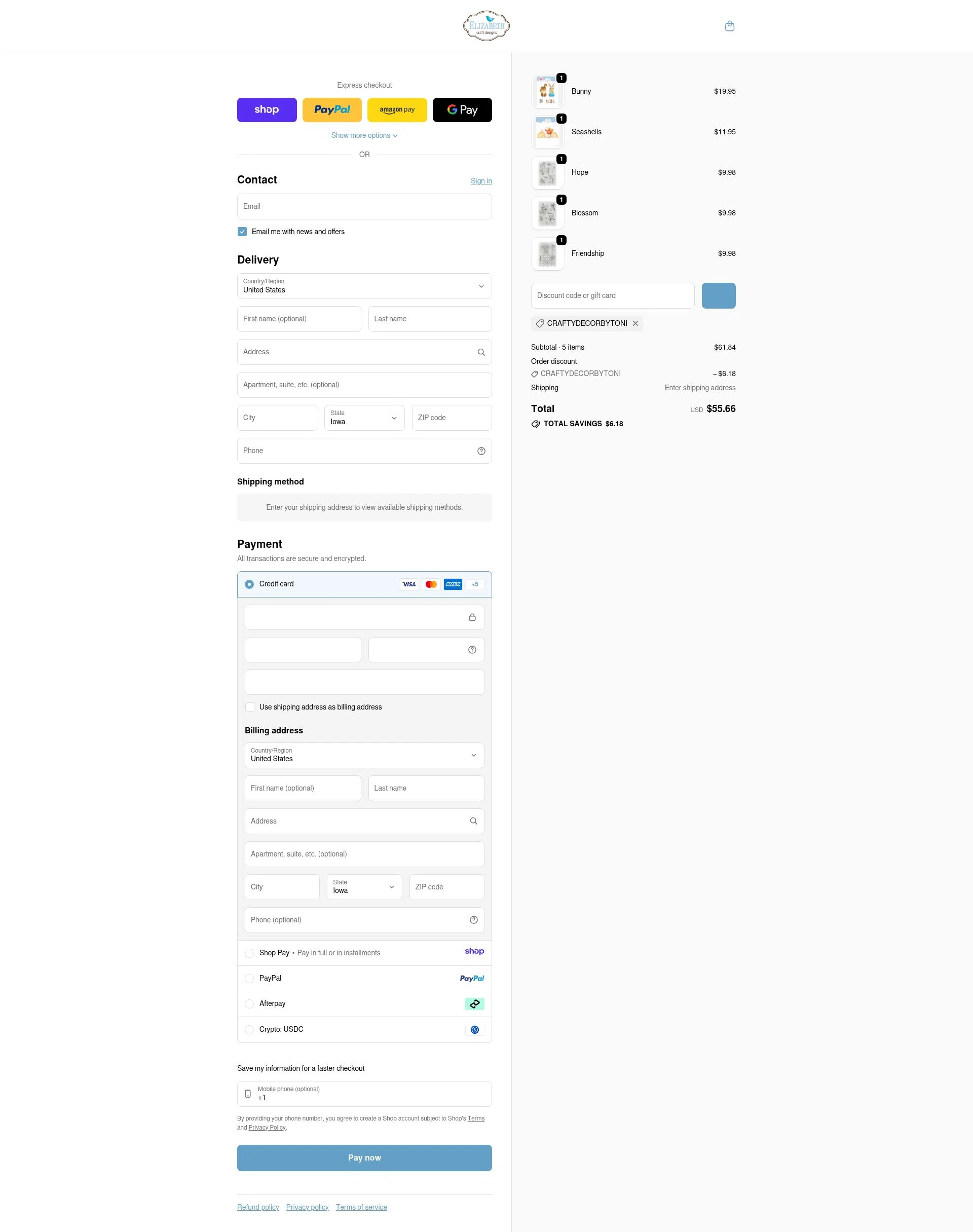 Elizabeth Craft Designs checkout page showing Elizabeth Craft Designs promo code box | Screenshot taken by SimplyCodes community member on Jan 8, 2026