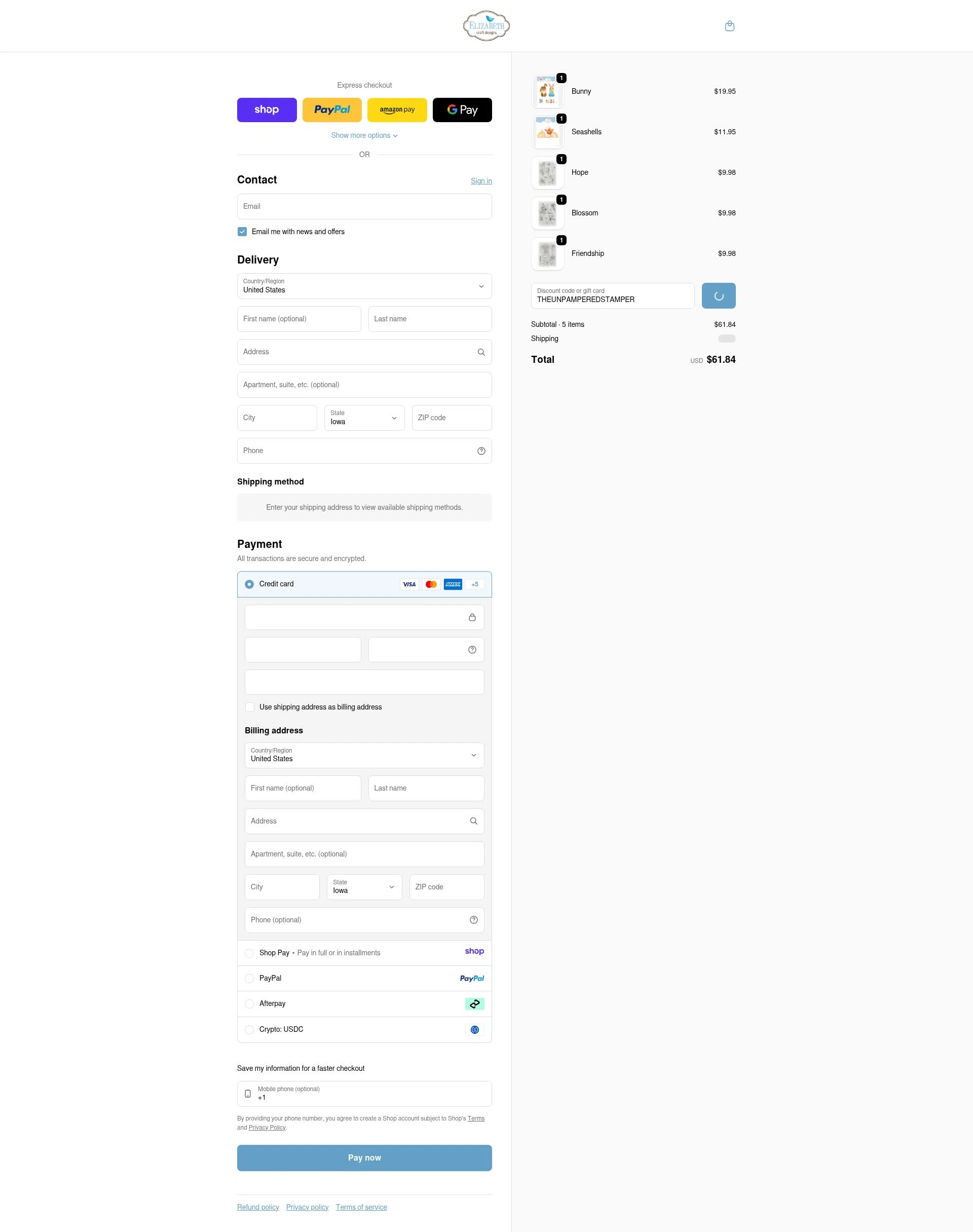 Elizabeth Craft Designs checkout page showing Elizabeth Craft Designs promo code box | Screenshot taken by SimplyCodes community member on Jan 8, 2026