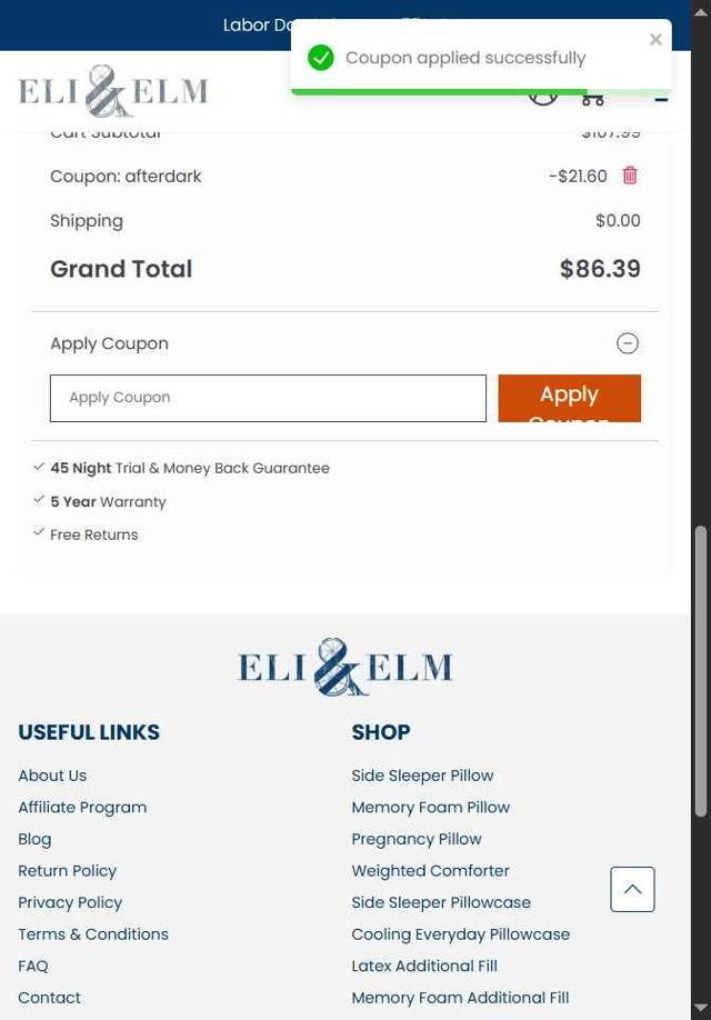 Eli & Elm checkout page showing Eli & Elm coupon code box | Screenshot taken by SimplyCodes community member on Aug 26, 2025
