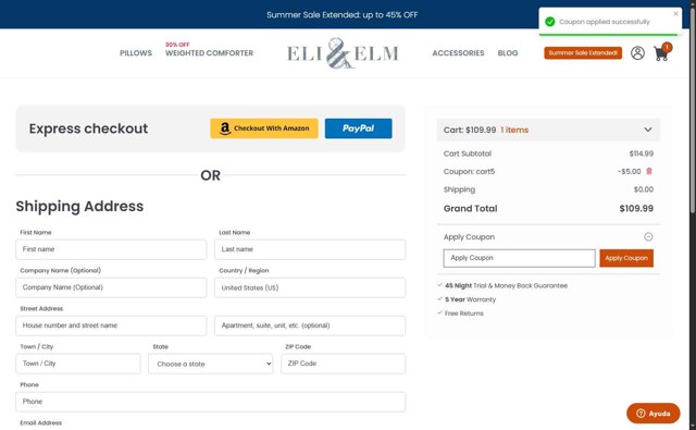 Eli & Elm checkout page showing Eli & Elm coupon code box | Screenshot taken by SimplyCodes community member on Aug 7, 2025
