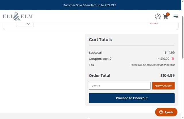 Eli & Elm checkout page showing Eli & Elm coupon code box | Screenshot taken by SimplyCodes community member on Jul 31, 2025
