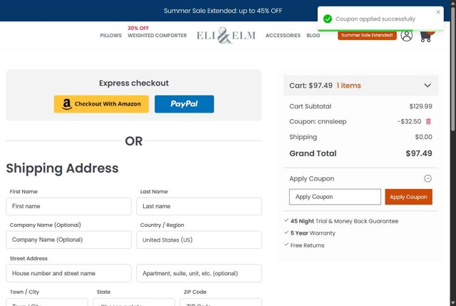 Eli & Elm checkout page showing Eli & Elm coupon code box | Screenshot taken by SimplyCodes community member on Aug 7, 2025