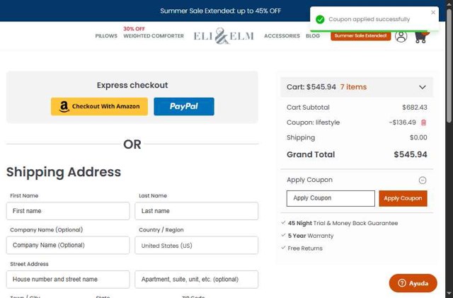 Eli & Elm checkout page showing Eli & Elm coupon code box | Screenshot taken by SimplyCodes community member on Aug 4, 2025