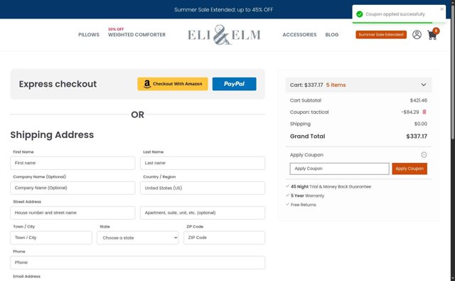 Eli & Elm checkout page showing Eli & Elm coupon code box | Screenshot taken by SimplyCodes community member on Aug 4, 2025