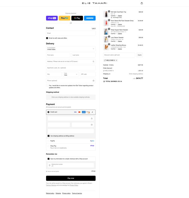 Elie Tahari checkout page showing Elie Tahari promo code box | Screenshot taken by SimplyCodes community member on Aug 25, 2025