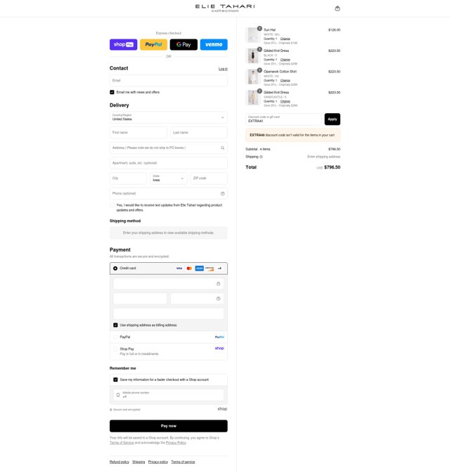 Elie Tahari checkout page showing Elie Tahari promo code box | Screenshot taken by SimplyCodes community member on Aug 16, 2025