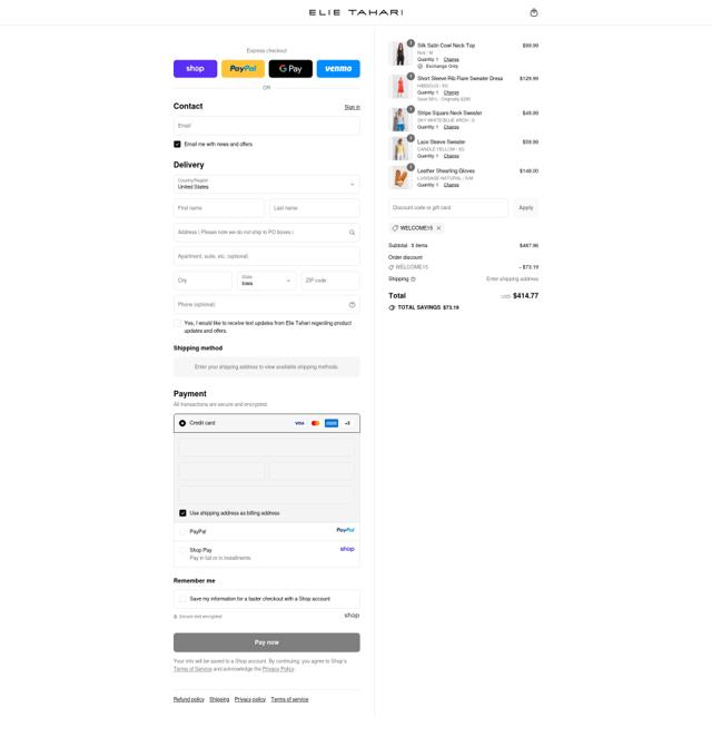 Elie Tahari checkout page showing Elie Tahari promo code box | Screenshot taken by SimplyCodes community member on Sep 15, 2025