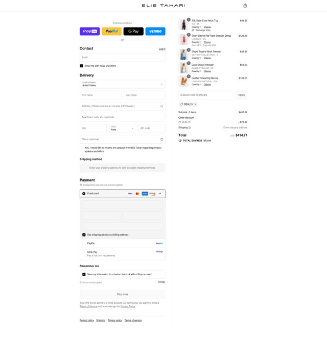 Elie Tahari checkout page showing Elie Tahari promo code box | Screenshot taken by SimplyCodes community member on Aug 25, 2025