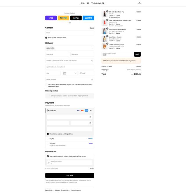 Elie Tahari checkout page showing Elie Tahari promo code box | Screenshot taken by SimplyCodes community member on Sep 11, 2025