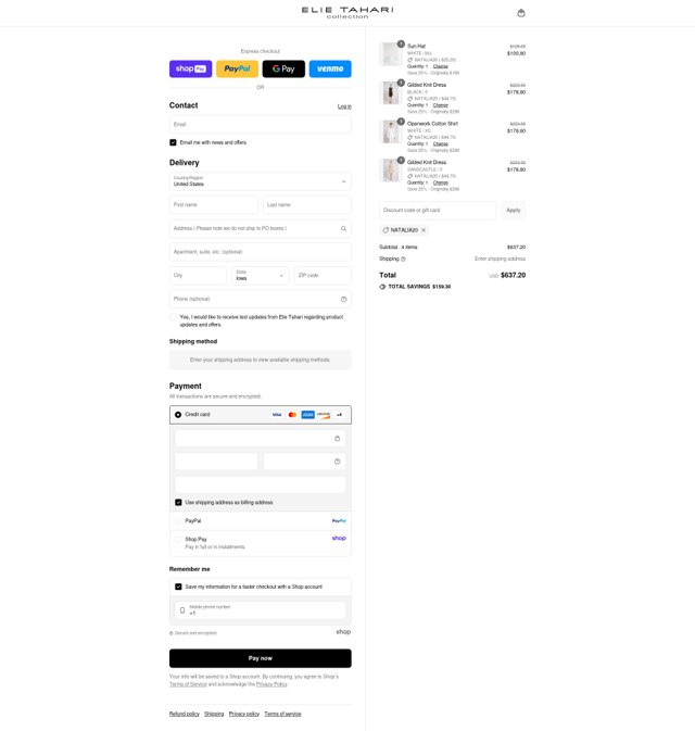 Elie Tahari checkout page showing Elie Tahari promo code box | Screenshot taken by SimplyCodes community member on Aug 16, 2025