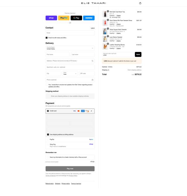 Elie Tahari checkout page showing Elie Tahari promo code box | Screenshot taken by SimplyCodes community member on Sep 7, 2025