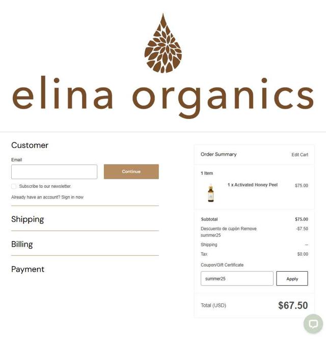 Elina Organics checkout page showing Elina Organics coupon code box | Screenshot taken by SimplyCodes community member on Aug 17, 2025
