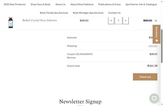 Elina Organics checkout page showing Elina Organics coupon code box | Screenshot taken by SimplyCodes community member on Sep 6, 2025