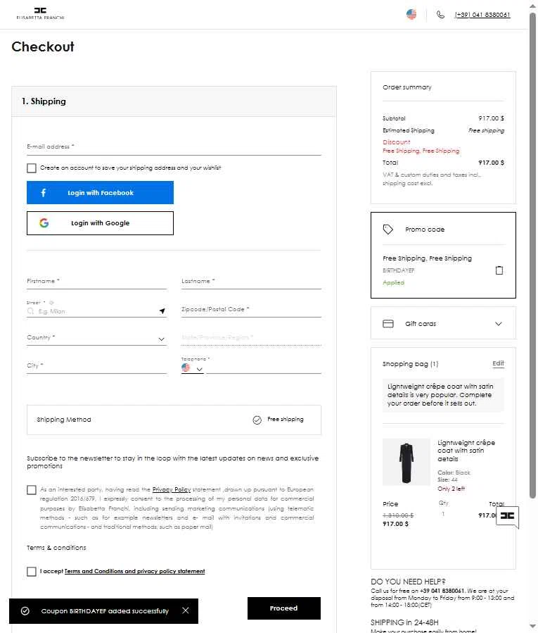 Elisabetta Franchi checkout page showing Elisabetta Franchi promo code box | Screenshot taken by SimplyCodes community member on Dec 13, 2025