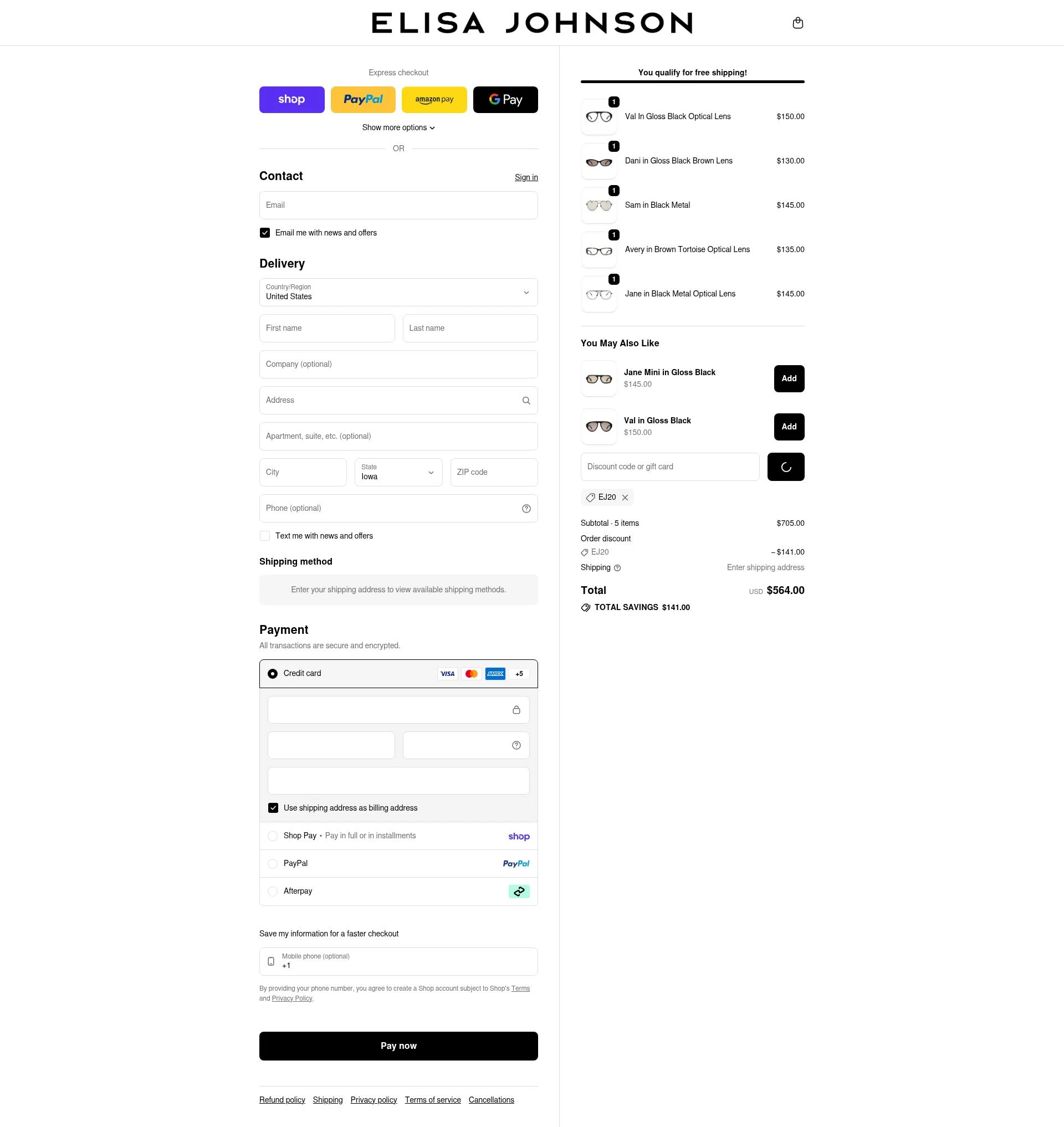 Elisa Johnson checkout page showing Elisa Johnson discount code box | Screenshot taken by SimplyCodes community member on Feb 19, 2026