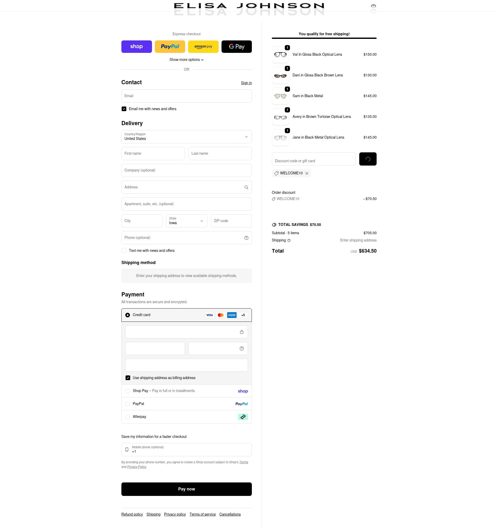 Elisa Johnson checkout page showing Elisa Johnson discount code box | Screenshot taken by SimplyCodes community member on Feb 15, 2026