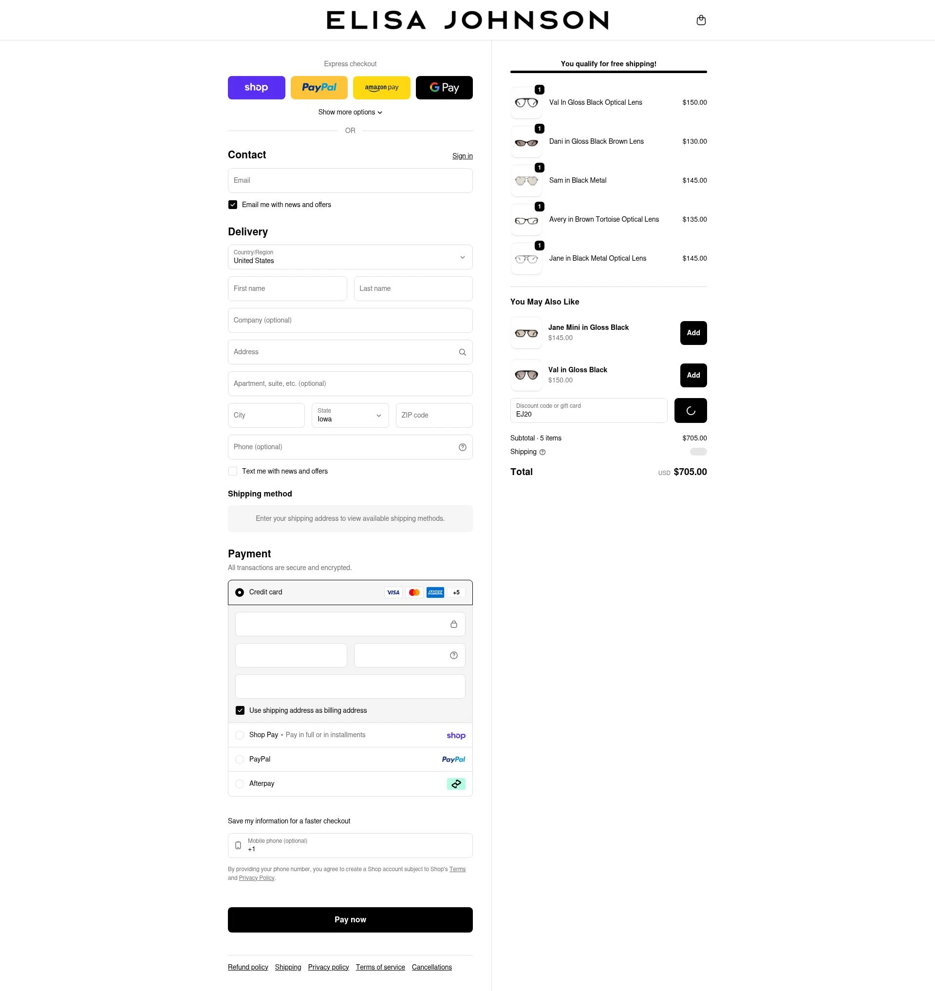 Elisa Johnson checkout page showing Elisa Johnson discount code box | Screenshot taken by SimplyCodes community member on Feb 15, 2026