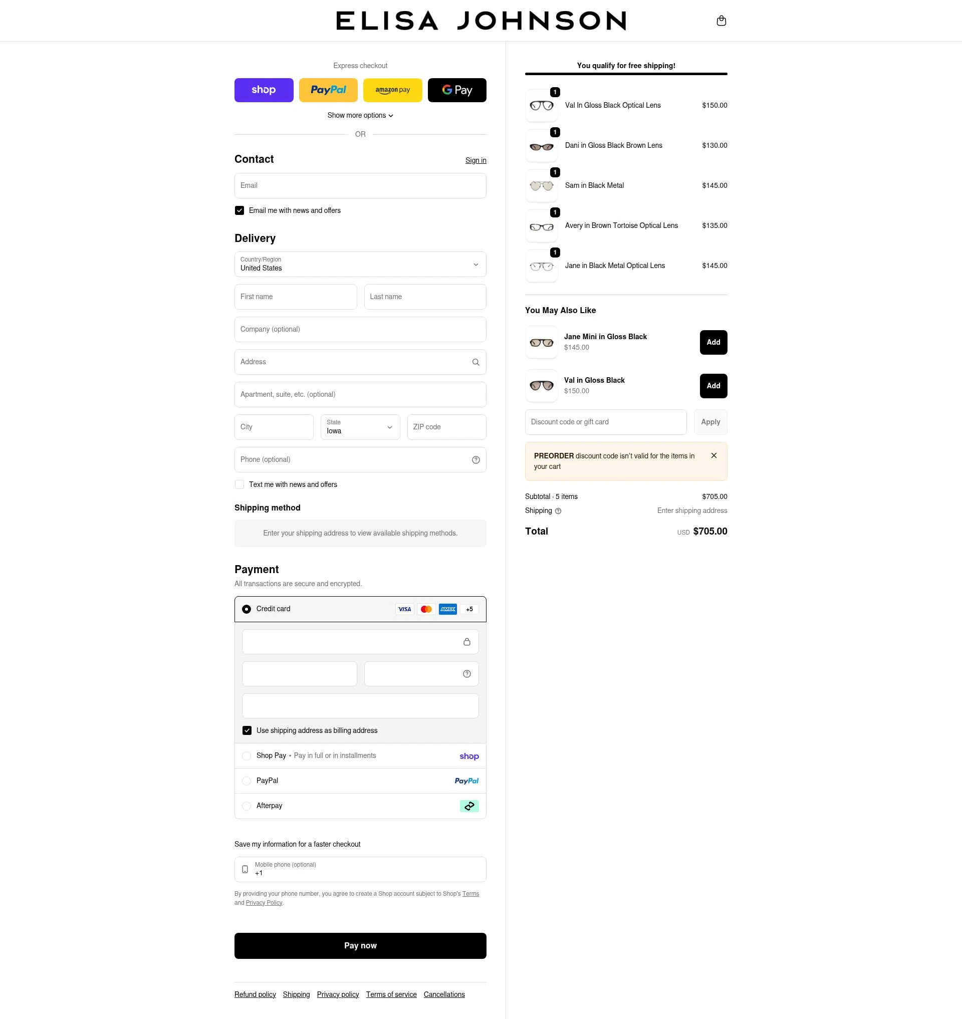 Elisa Johnson checkout page showing Elisa Johnson discount code box | Screenshot taken by SimplyCodes community member on Feb 19, 2026