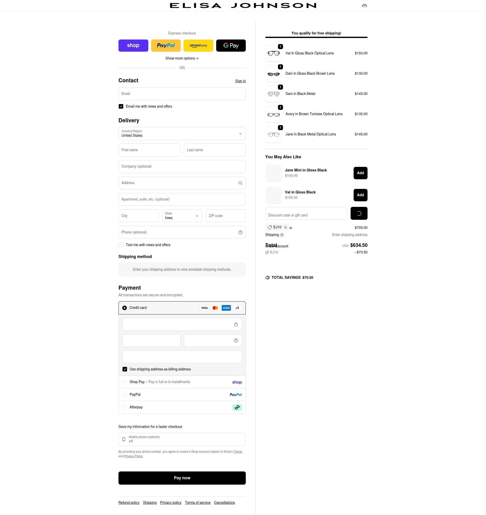 Elisa Johnson checkout page showing Elisa Johnson discount code box | Screenshot taken by SimplyCodes community member on Feb 15, 2026