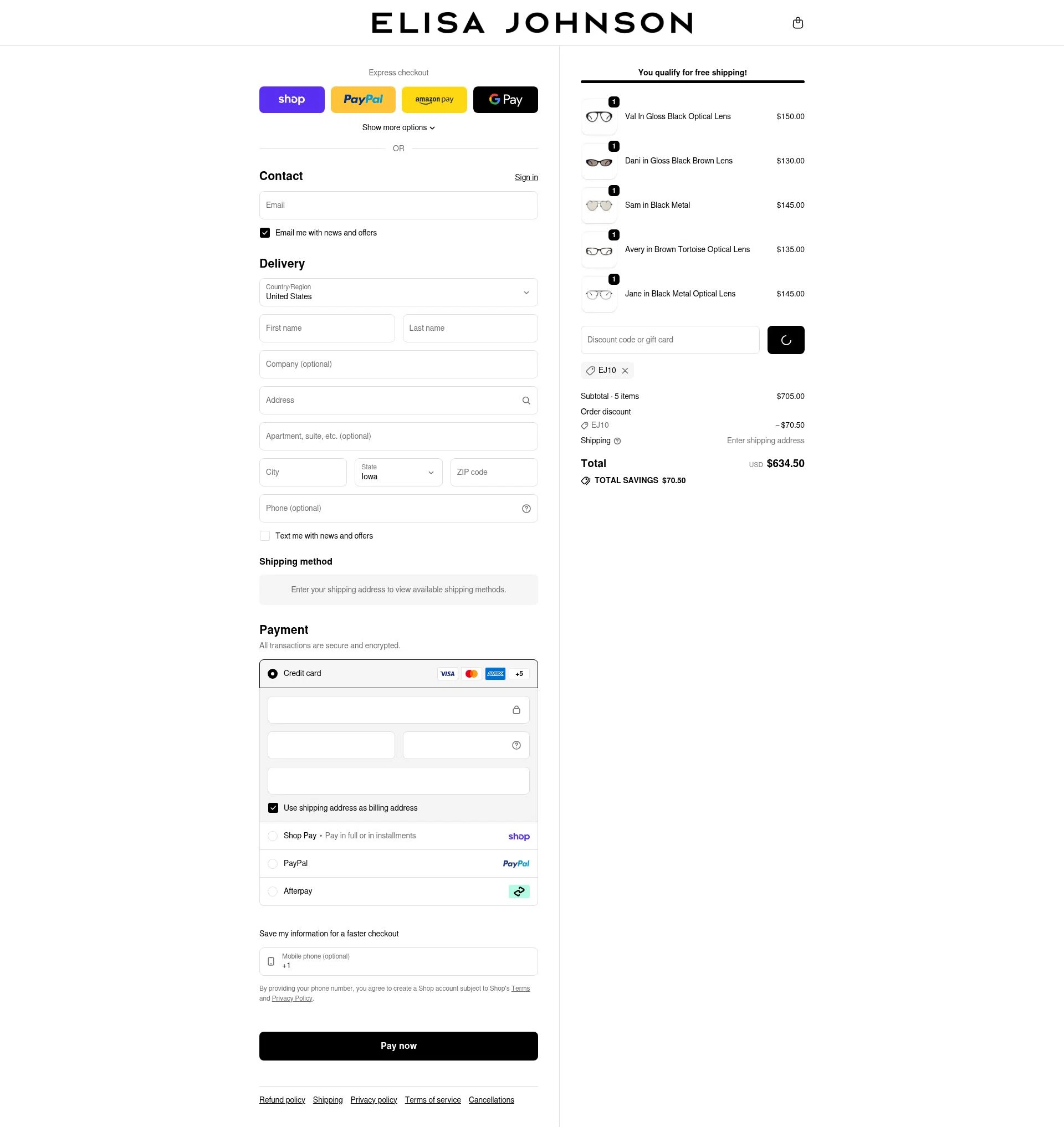 Elisa Johnson checkout page showing Elisa Johnson discount code box | Screenshot taken by SimplyCodes community member on Feb 19, 2026