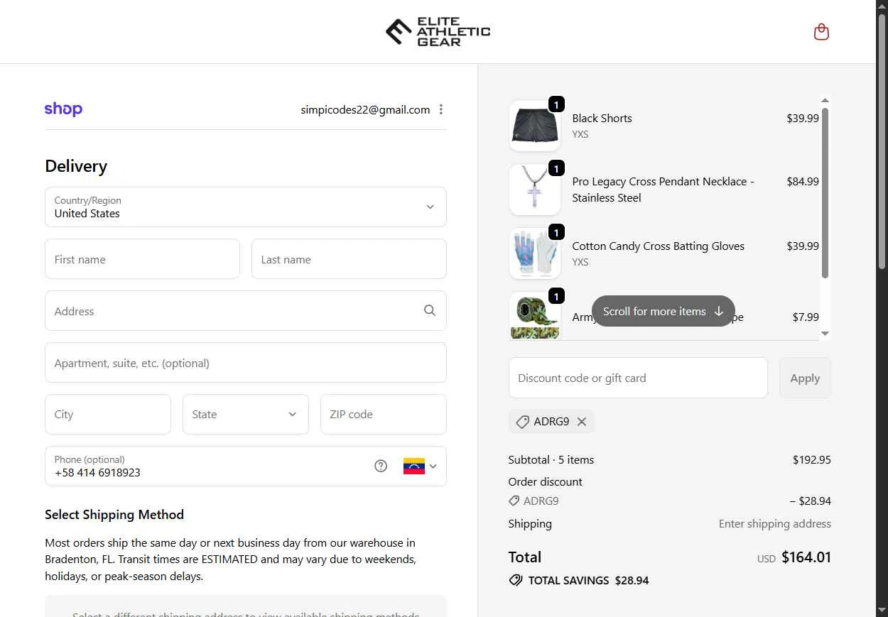 Elite Athletic Gear checkout page showing Elite Athletic Gear discount code box | Screenshot taken by SimplyCodes community member on Feb 13, 2026