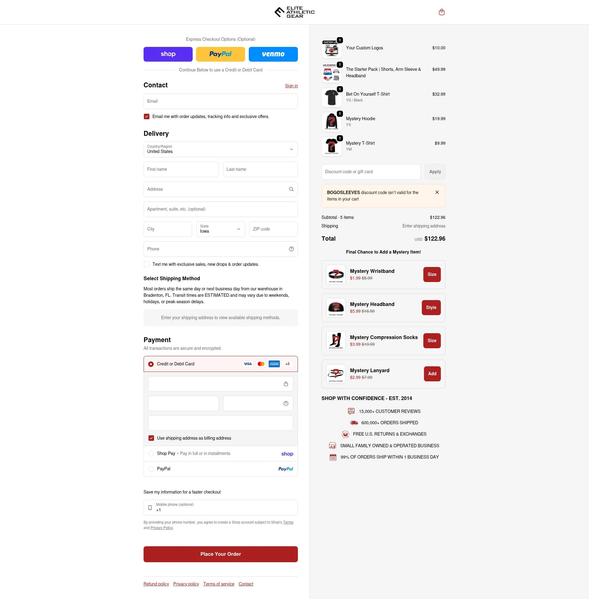 Elite Athletic Gear checkout page showing Elite Athletic Gear discount code box | Screenshot taken by SimplyCodes community member on Feb 12, 2026
