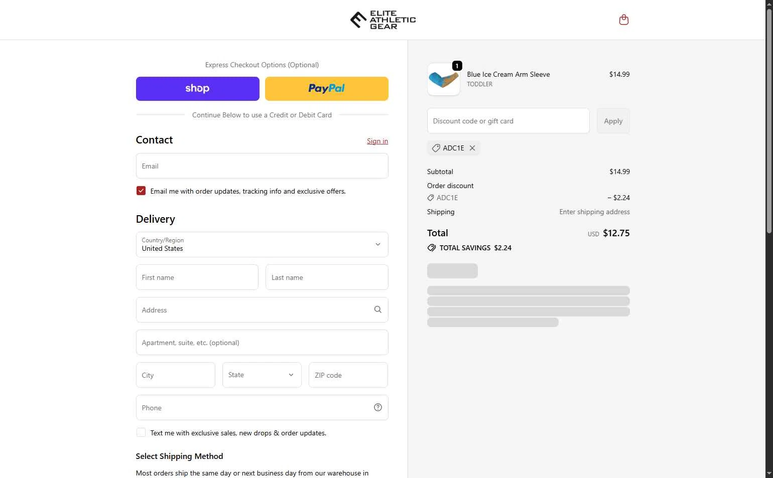 Elite Athletic Gear checkout page showing Elite Athletic Gear discount code box | Screenshot taken by SimplyCodes community member on Feb 14, 2026