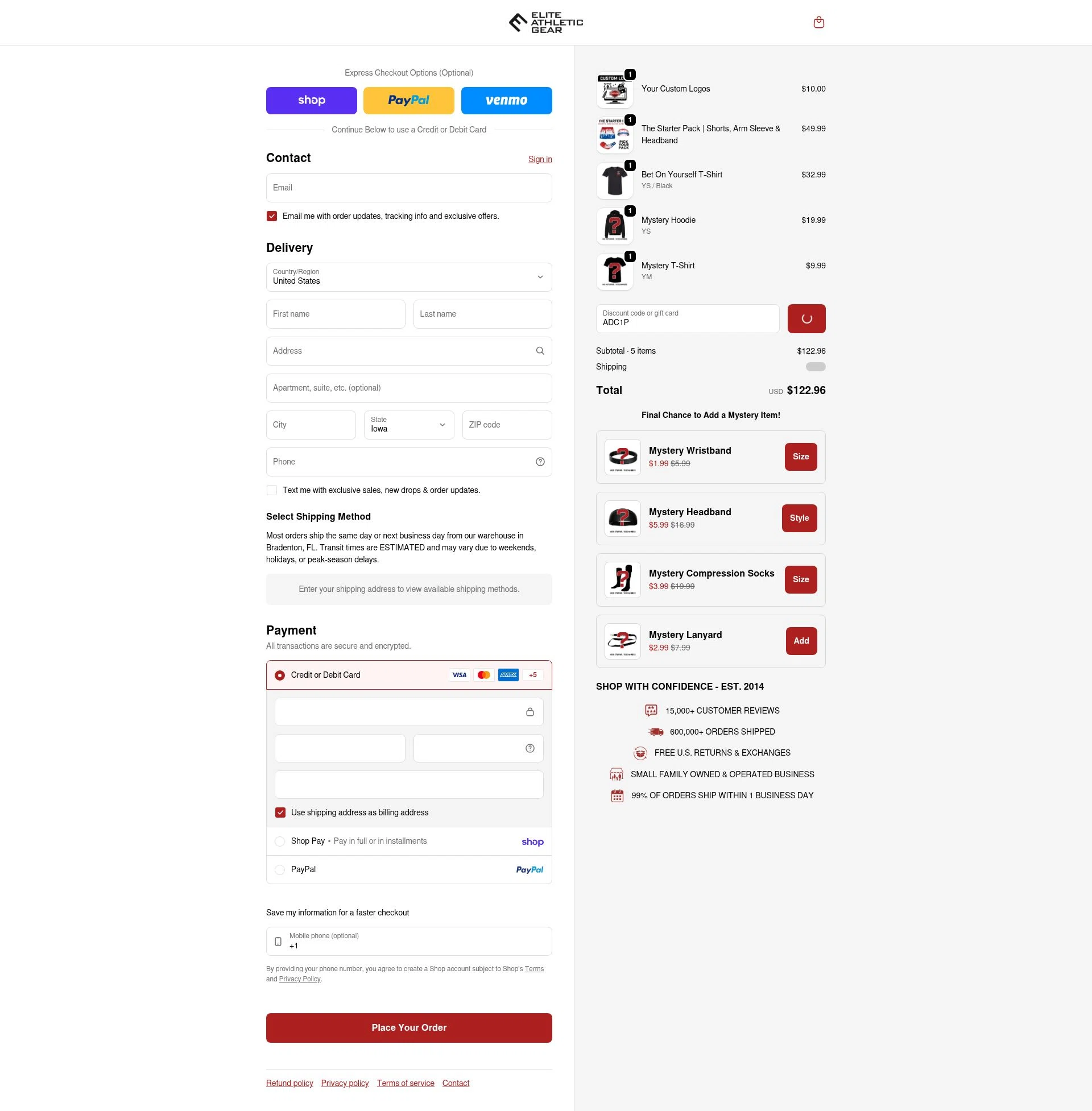 Elite Athletic Gear checkout page showing Elite Athletic Gear discount code box | Screenshot taken by SimplyCodes community member on Feb 12, 2026