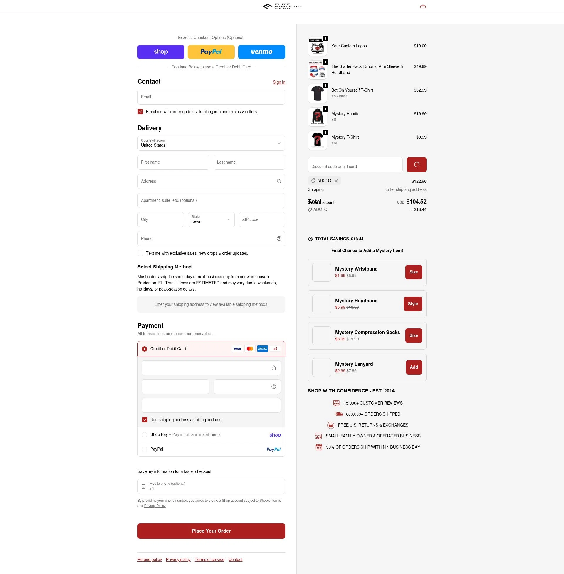 Elite Athletic Gear checkout page showing Elite Athletic Gear discount code box | Screenshot taken by SimplyCodes community member on Feb 12, 2026