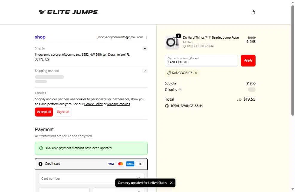 Elite Jumps checkout page showing Elite Jumps discount code box | Screenshot taken by SimplyCodes community member on Feb 10, 2026