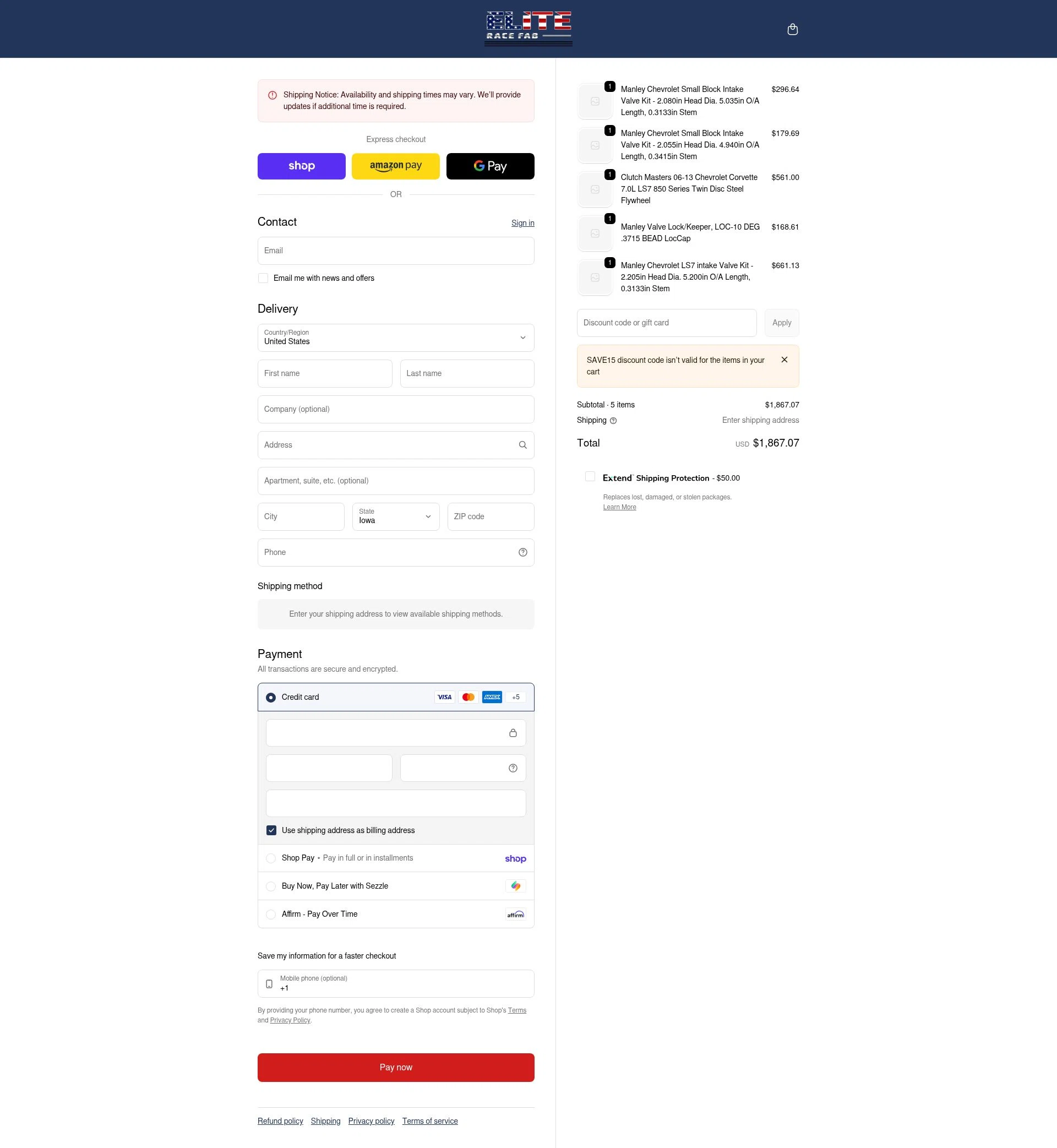 Elite Race Fab checkout page showing Elite Race Fab discount code box | Screenshot taken by SimplyCodes community member on Feb 17, 2026