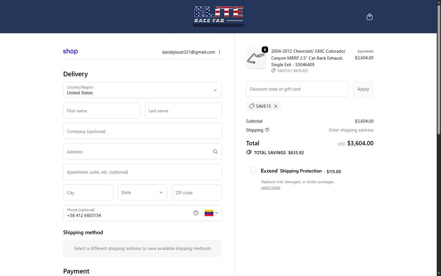 Elite Race Fab checkout page showing Elite Race Fab discount code box | Screenshot taken by SimplyCodes community member on Feb 13, 2026