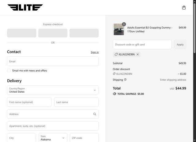 Elite Sports checkout page showing Elite Sports coupon code box | Screenshot taken by SimplyCodes community member on Sep 15, 2025