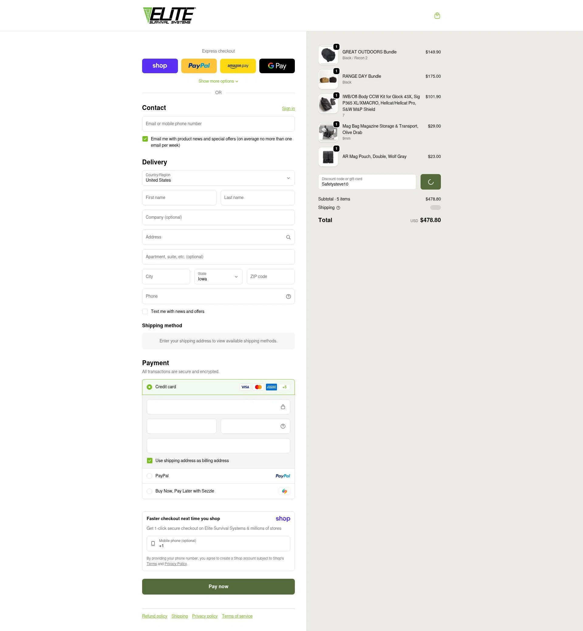 Elite Survival checkout page showing Elite Survival promo code box | Screenshot taken by SimplyCodes community member on Jan 9, 2026