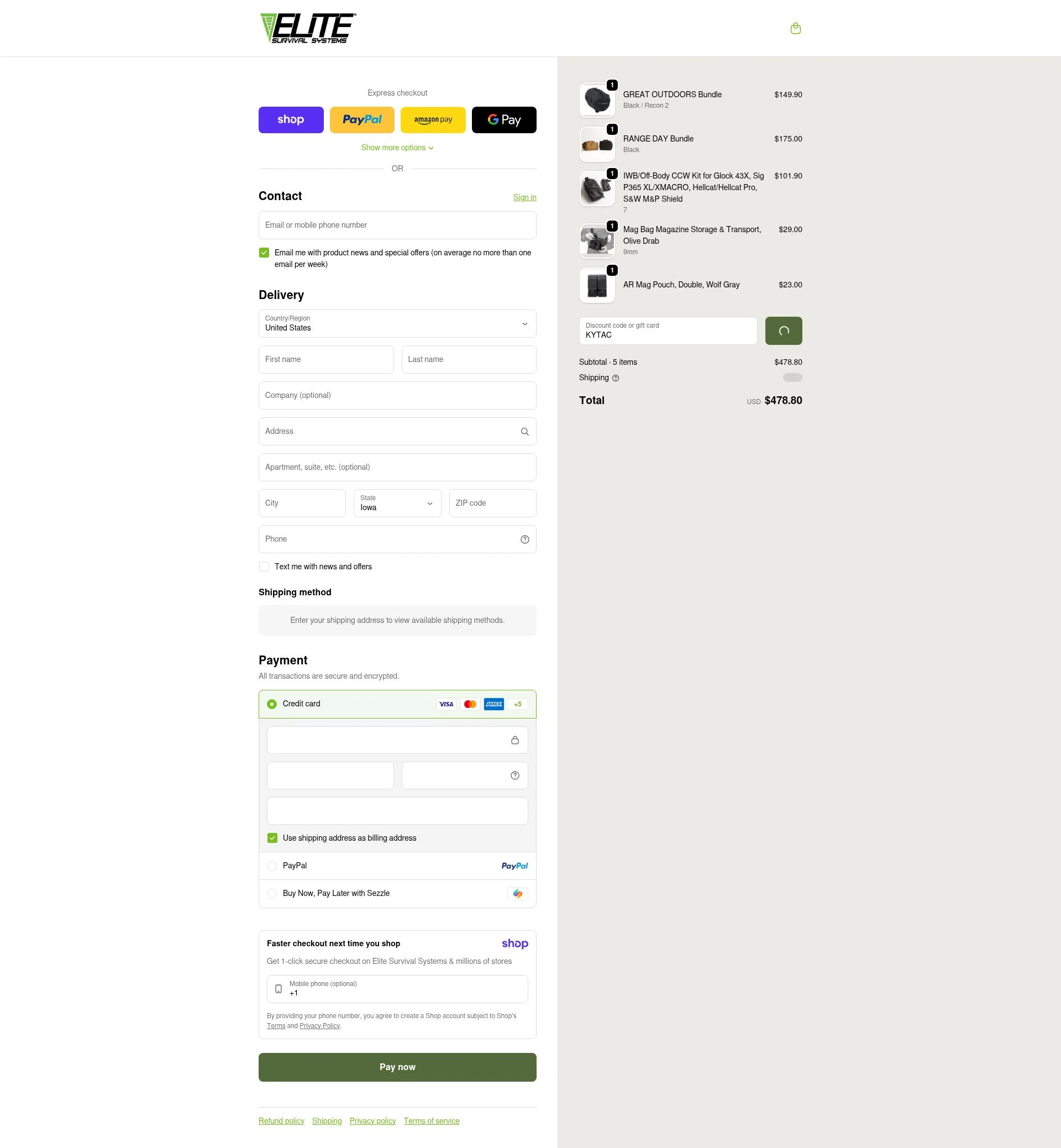 Elite Survival checkout page showing Elite Survival promo code box | Screenshot taken by SimplyCodes community member on Jan 9, 2026