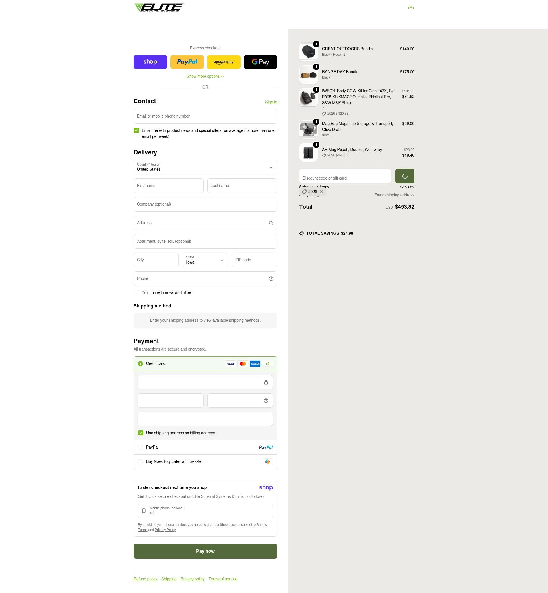 Elite Survival checkout page showing Elite Survival promo code box | Screenshot taken by SimplyCodes community member on Jan 9, 2026