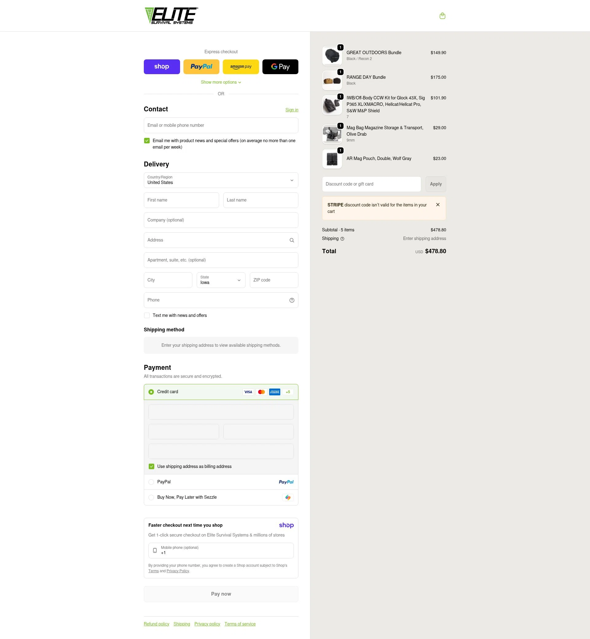 Elite Survival checkout page showing Elite Survival promo code box | Screenshot taken by SimplyCodes community member on Jan 9, 2026