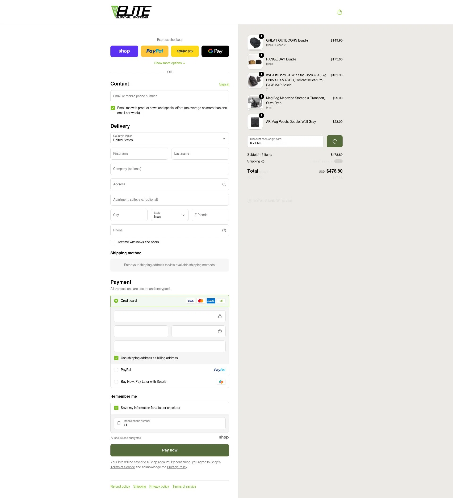 Elite Survival checkout page showing Elite Survival promo code box | Screenshot taken by SimplyCodes community member on Jan 4, 2026