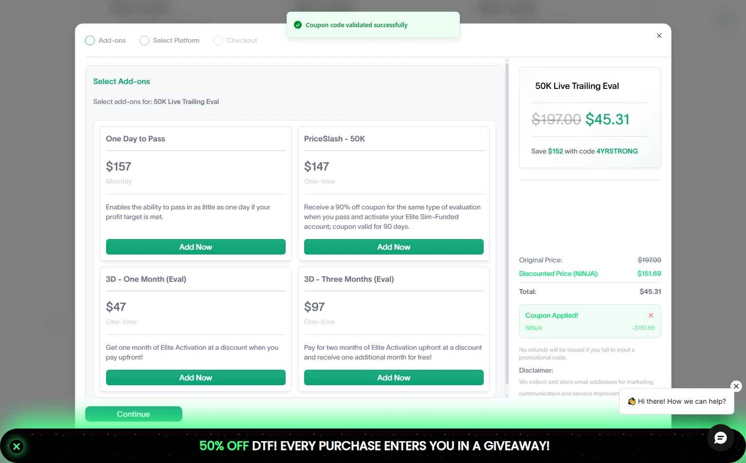 Elite Trader Funding checkout page showing Elite Trader Funding promo code box | Screenshot taken by SimplyCodes community member on Feb 18, 2026