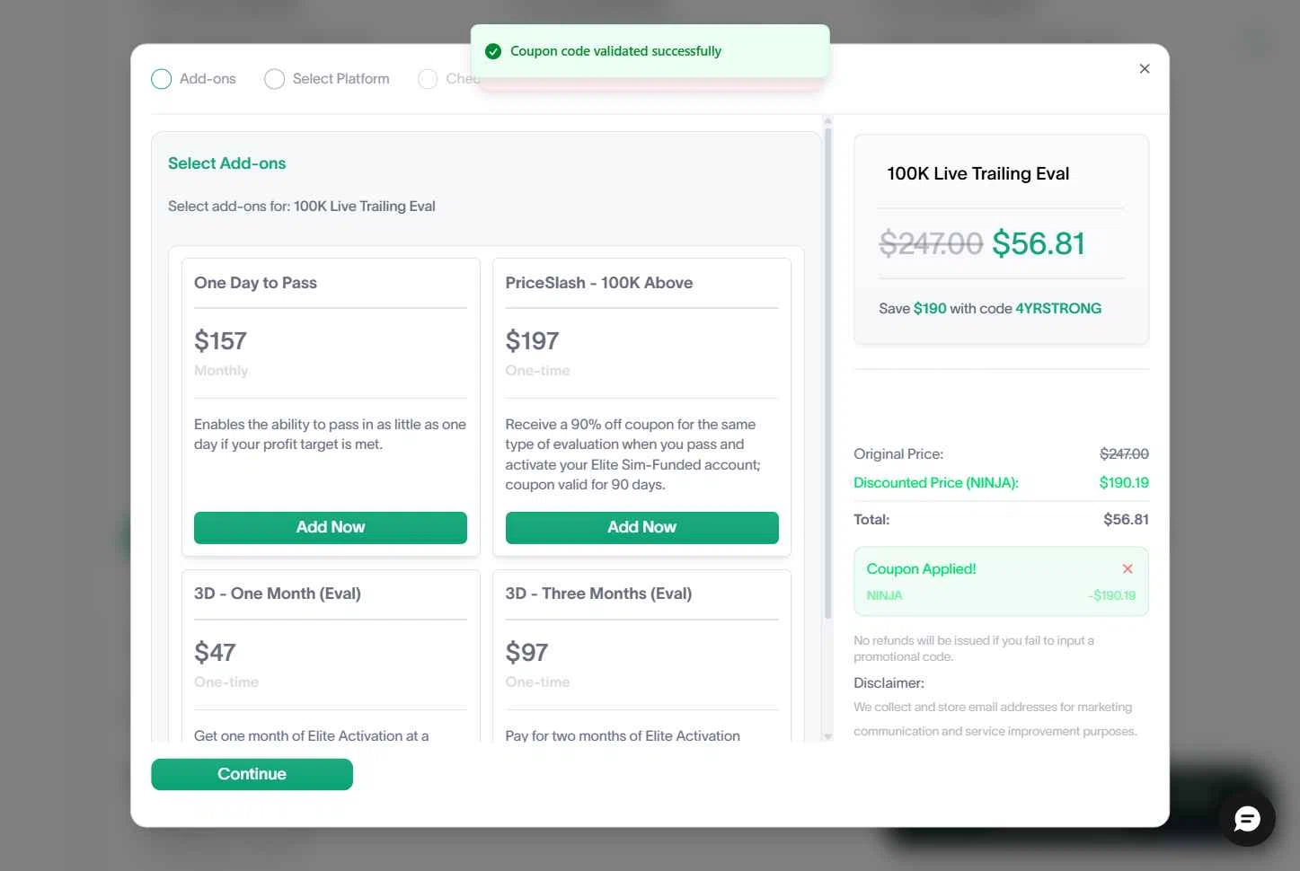 Elite Trader Funding checkout page showing Elite Trader Funding promo code box | Screenshot taken by SimplyCodes community member on Feb 14, 2026
